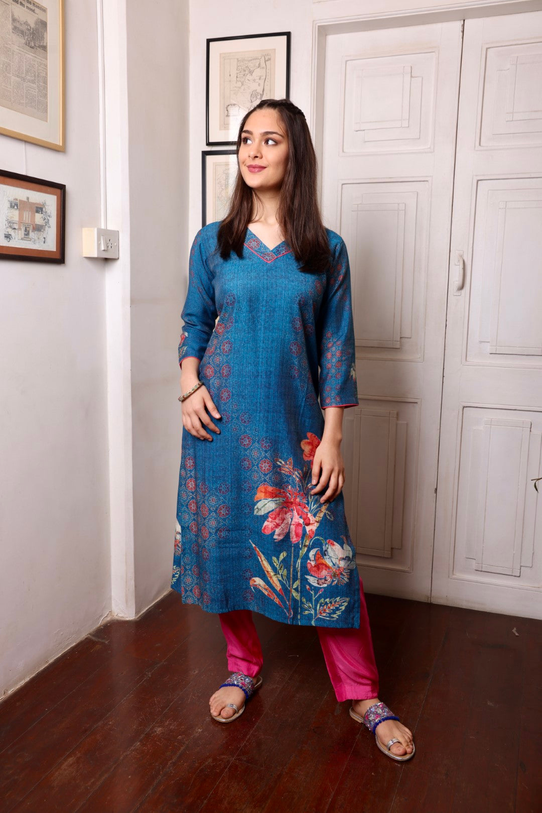 Navy Blue Floral Daaman Long Kurta