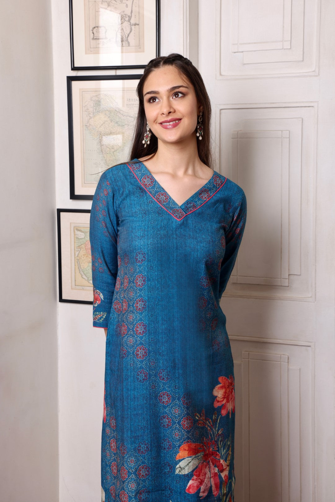 Navy Blue Floral Daaman Long Kurta