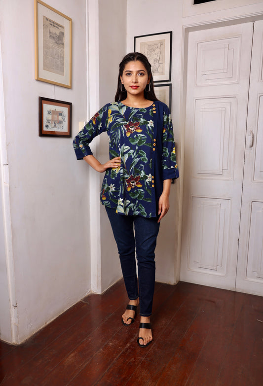 Navy Blue Floral Printed Short Kurti