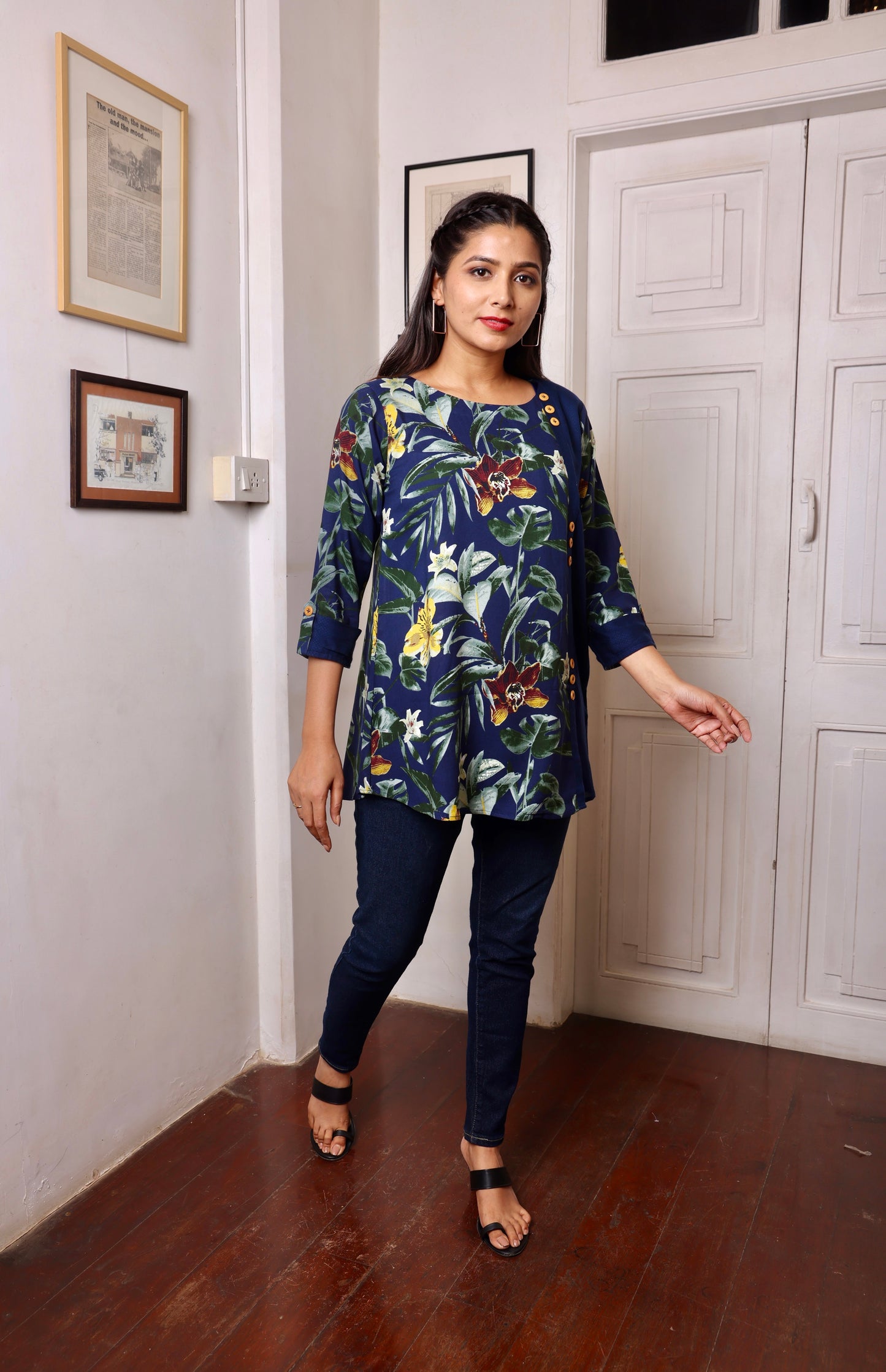 Navy Blue Floral Printed Short Kurti