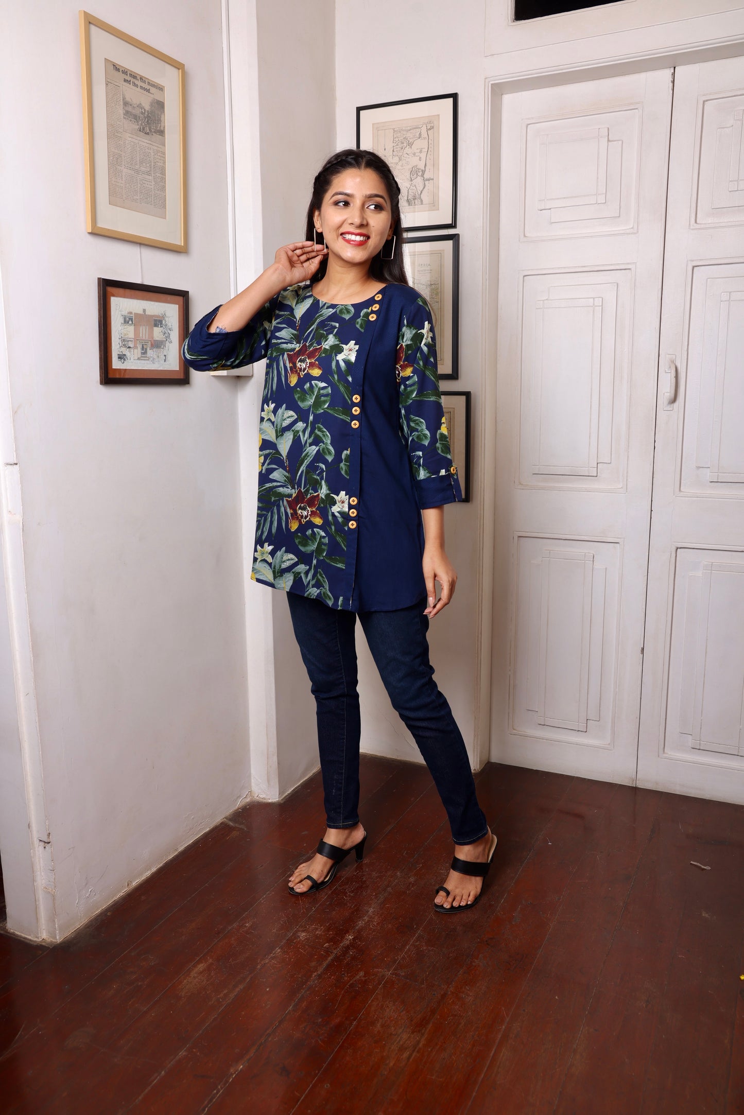 Navy Blue Floral Printed Short Kurti