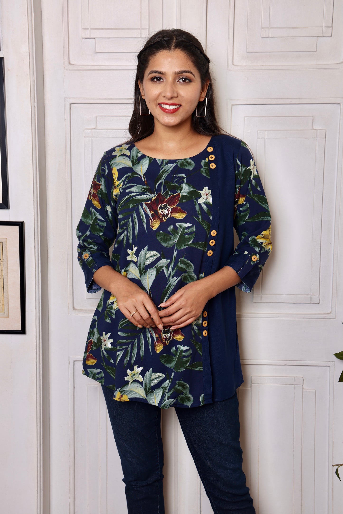 Navy Blue Floral Printed Short Kurti