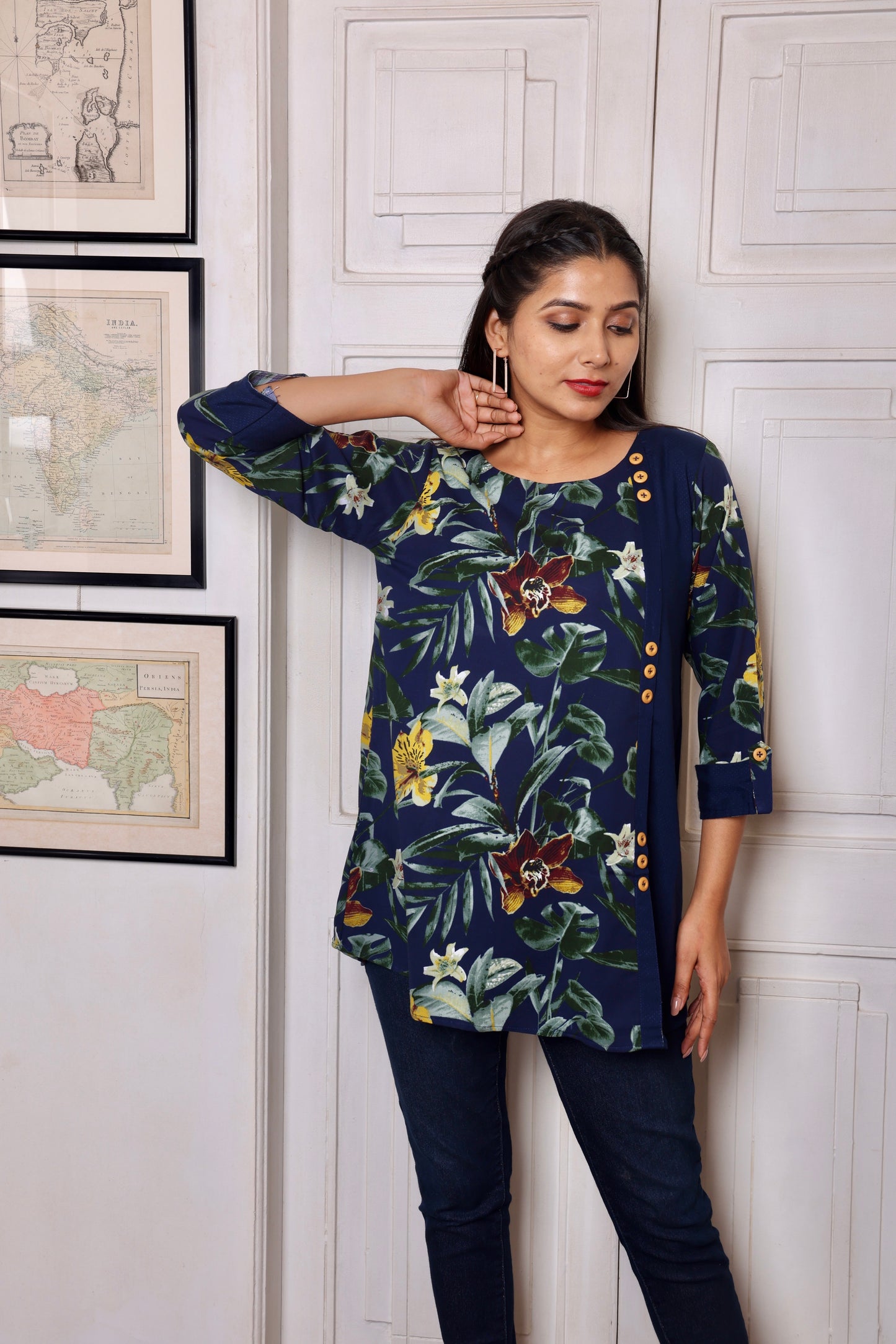 Navy Blue Floral Printed Short Kurti