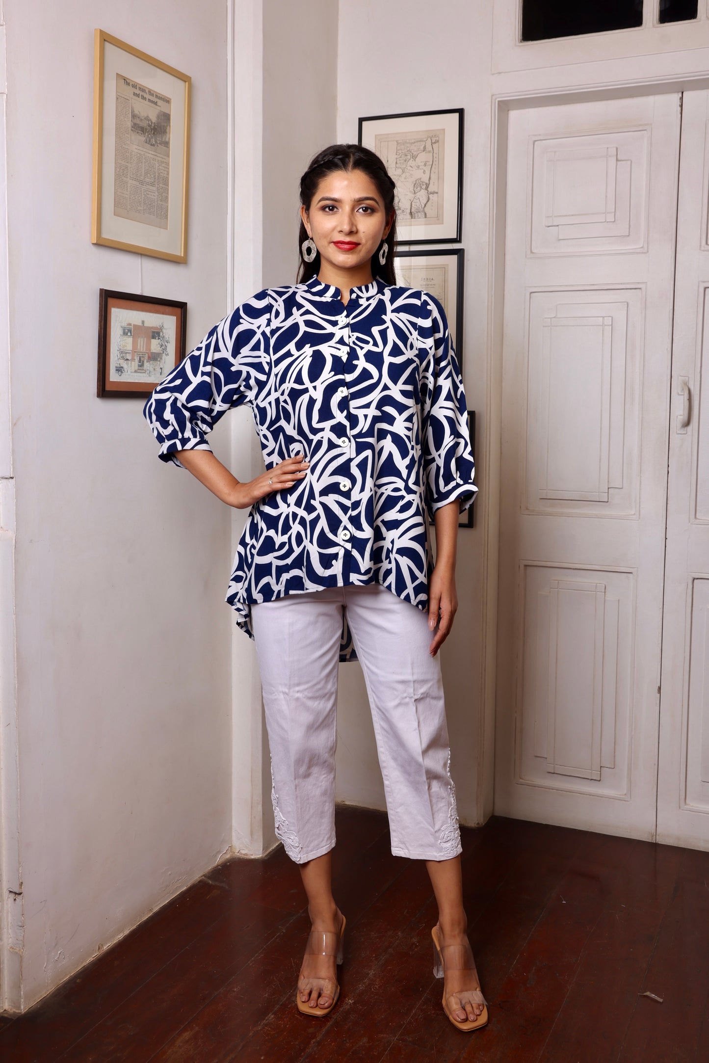 Navy Blue White Rayon Printed Short Kurti