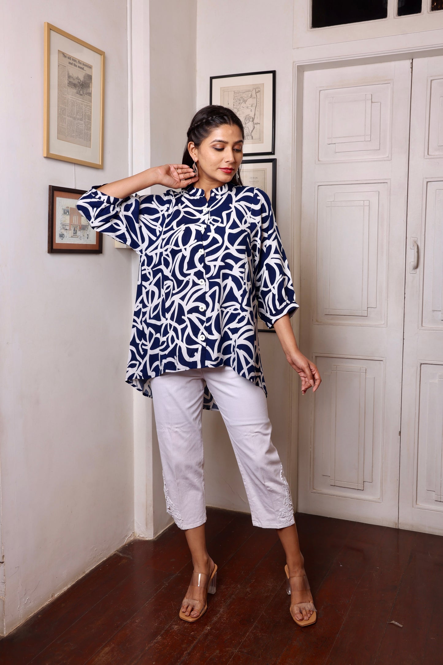 Navy Blue White Rayon Printed Short Kurti