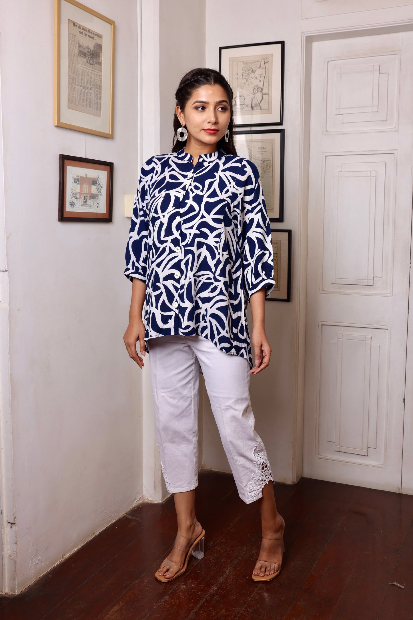 Navy Blue White Rayon Printed Short Kurti