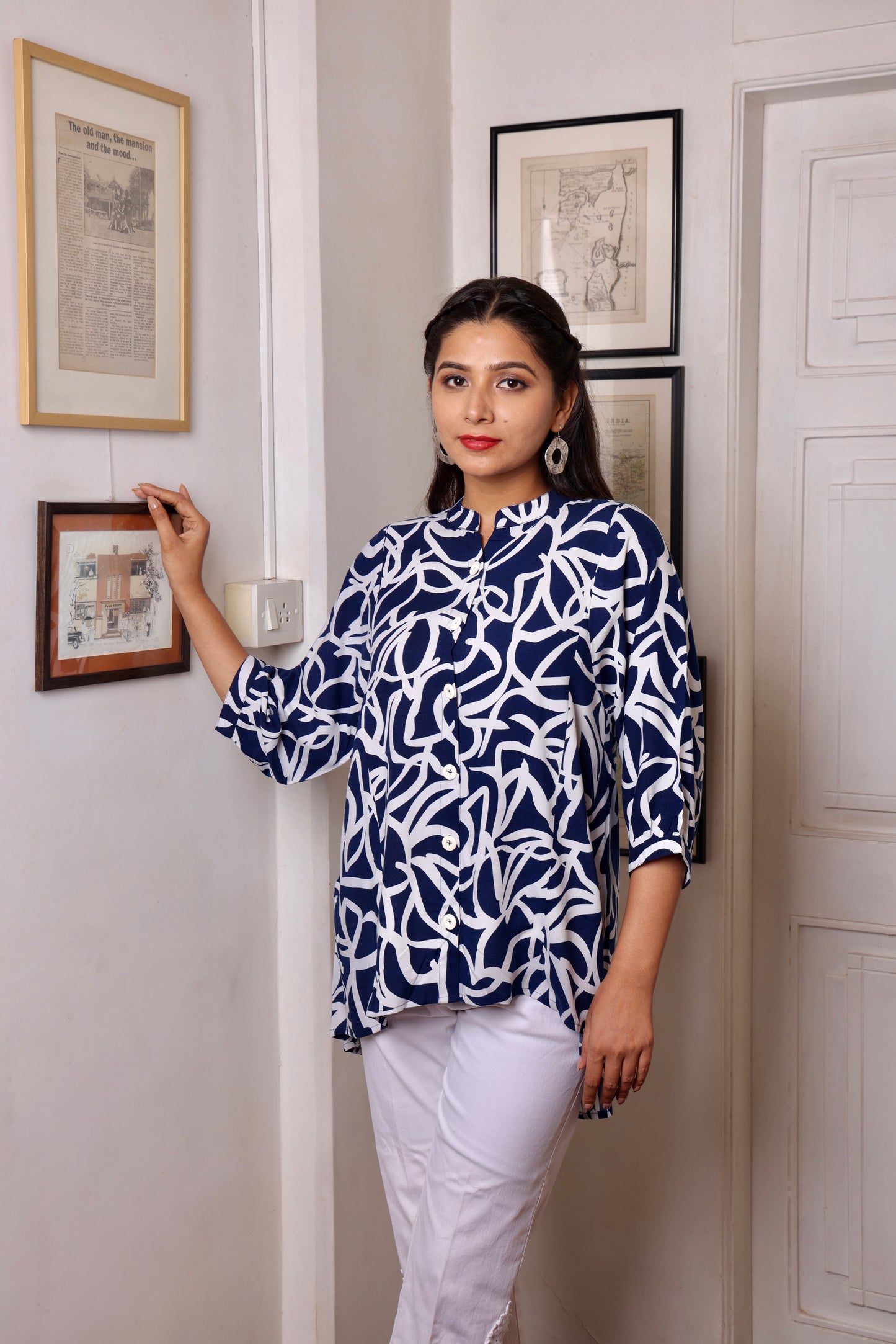 Navy Blue White Rayon Printed Short Kurti