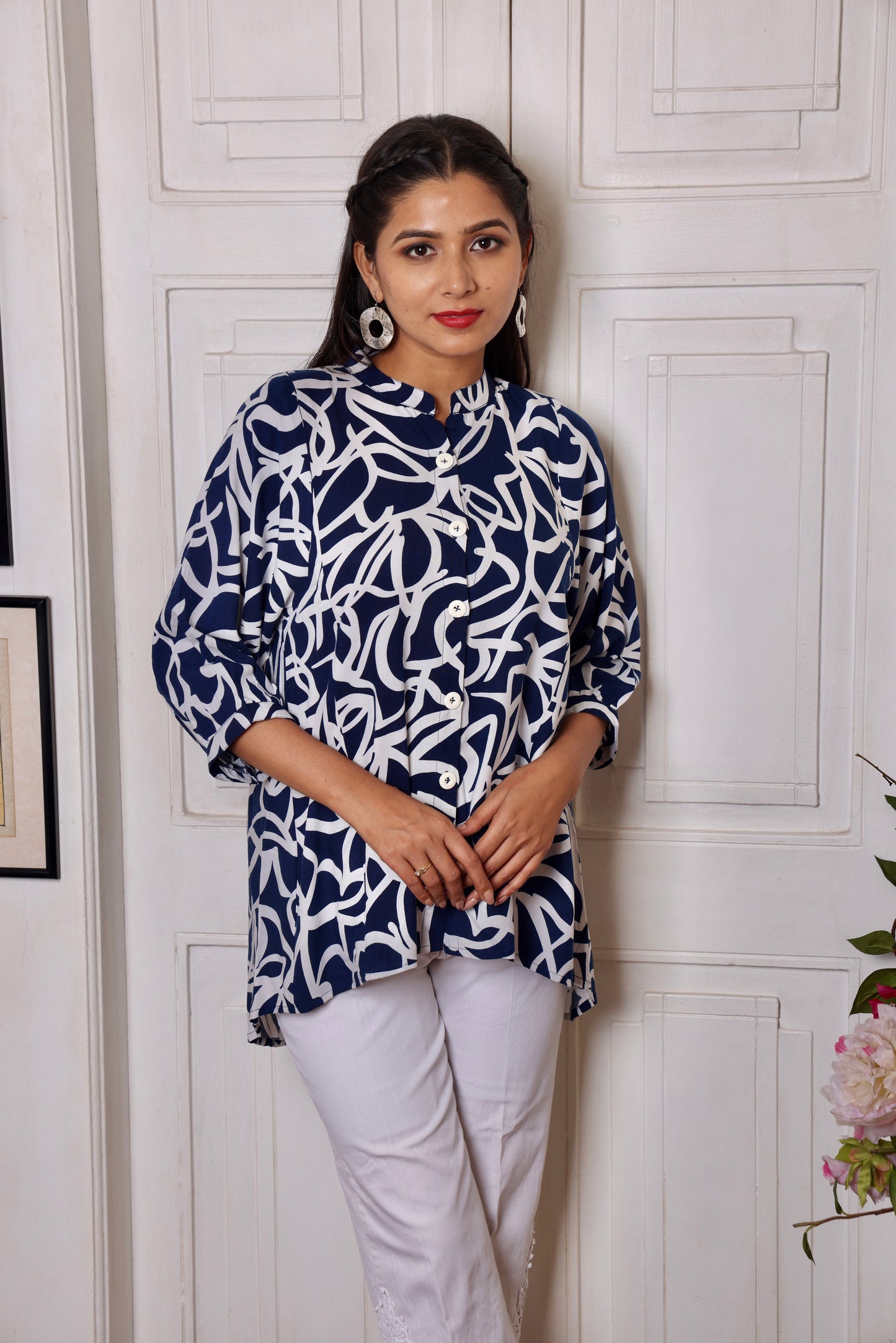 Navy Blue White Rayon Printed Short Kurti