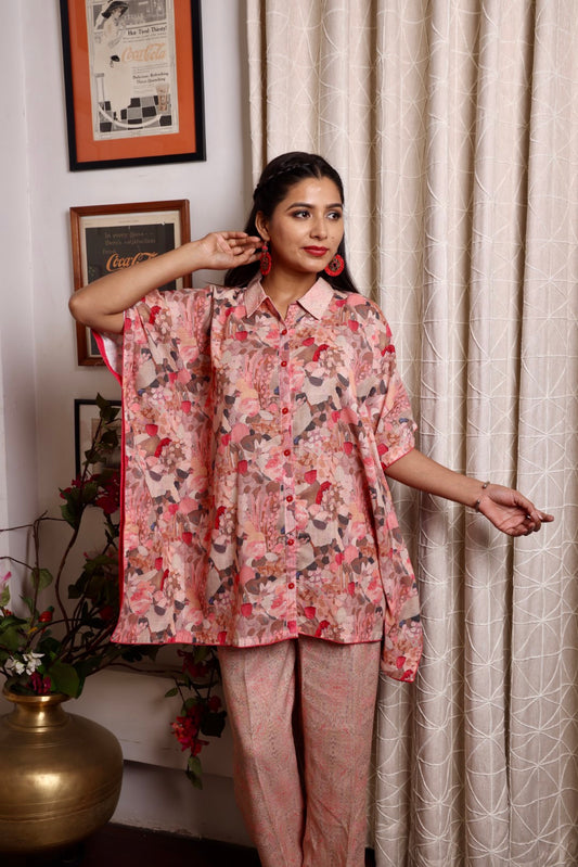 Peach Printed Collar Cape Co-ord Set