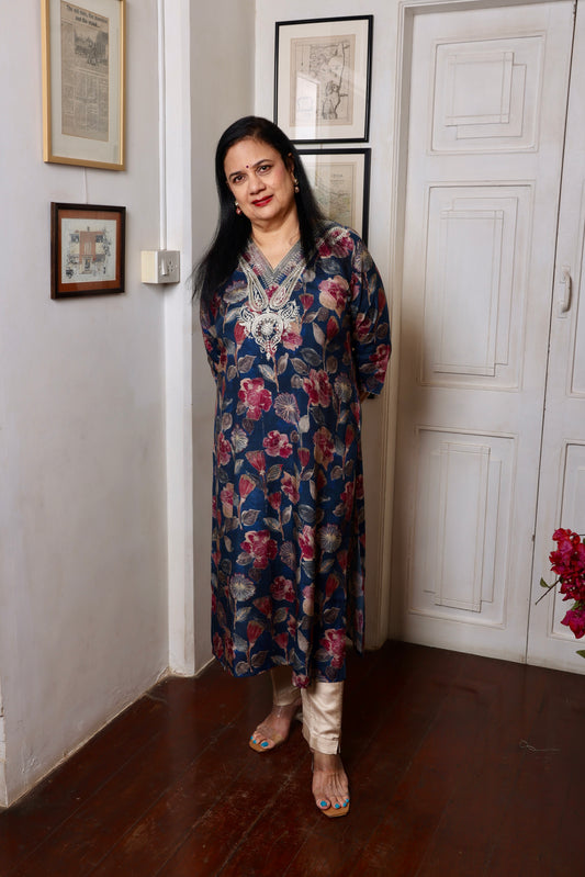 Peacock Blue Ambi Jari Yoke Long Kurta