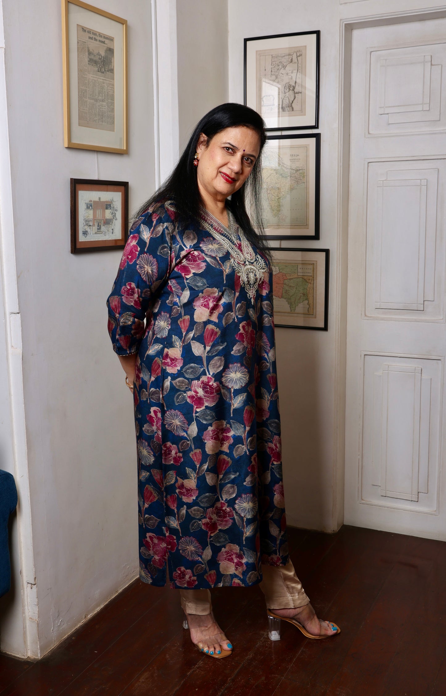 Peacock Blue Ambi Jari Yoke Long Kurta