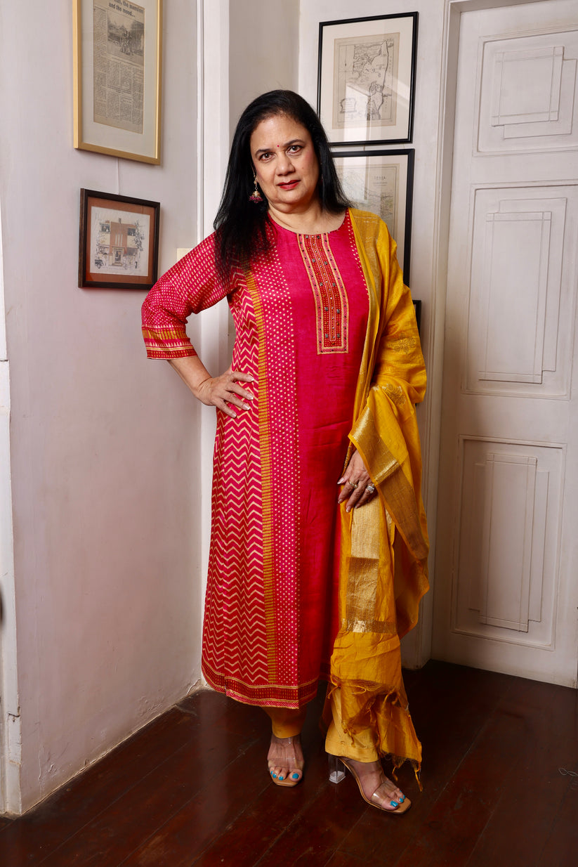 Rani Pink & Beige Straight Kurta With Round Neck V Slit & 3/4 Sleeves