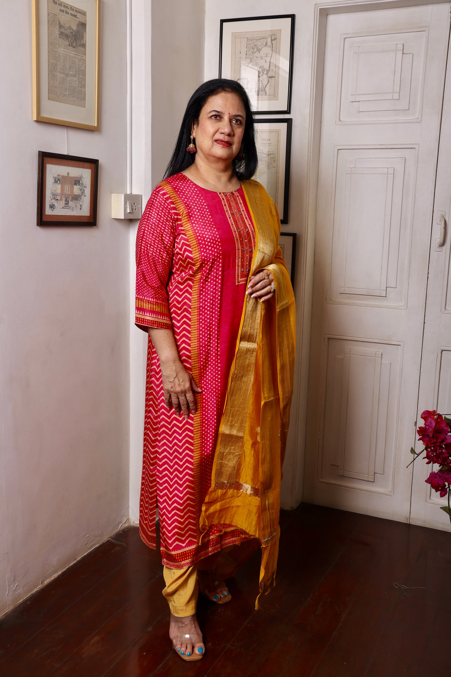 Rani Pink Muslin Printed Long Kurta