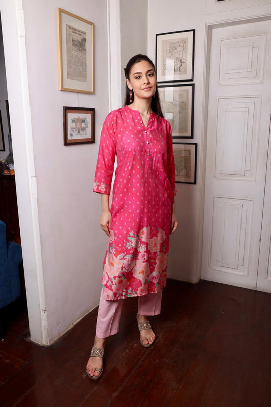 Rose Pink Muslin Floral Long Kurta