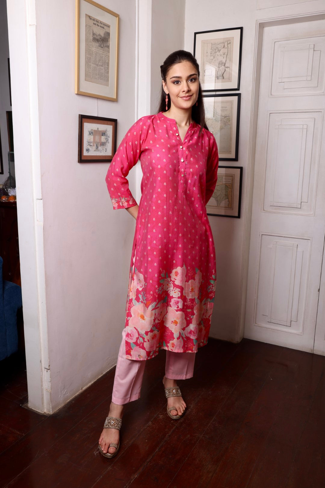 Rose Pink Muslin Floral Long Kurta