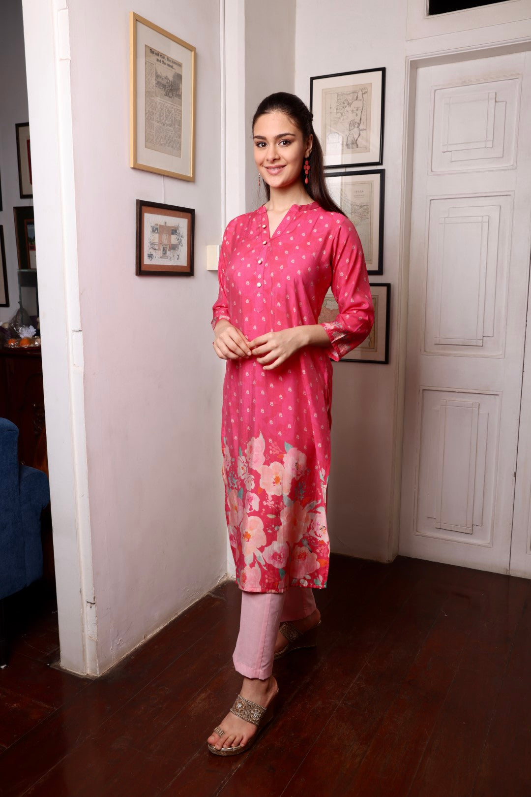 Rose Pink Muslin Floral Long Kurta