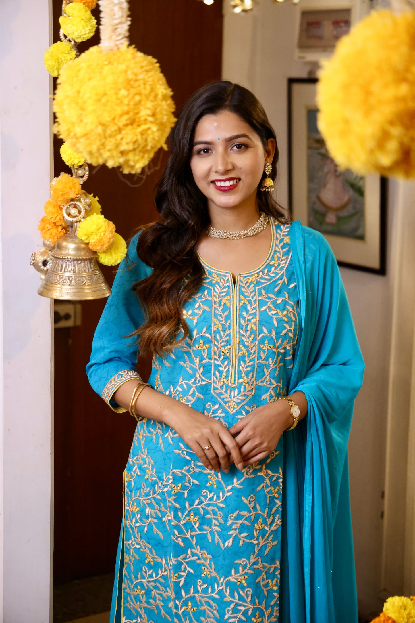 Turquoise Blue Embroidered Ethnic Suit