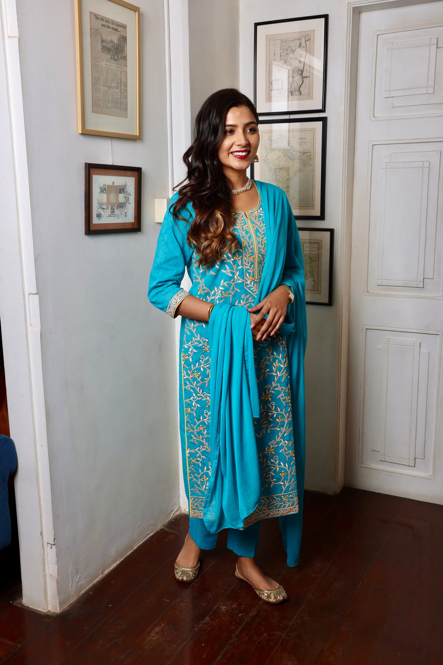 Turquoise Blue Embroidered Ethnic Suit