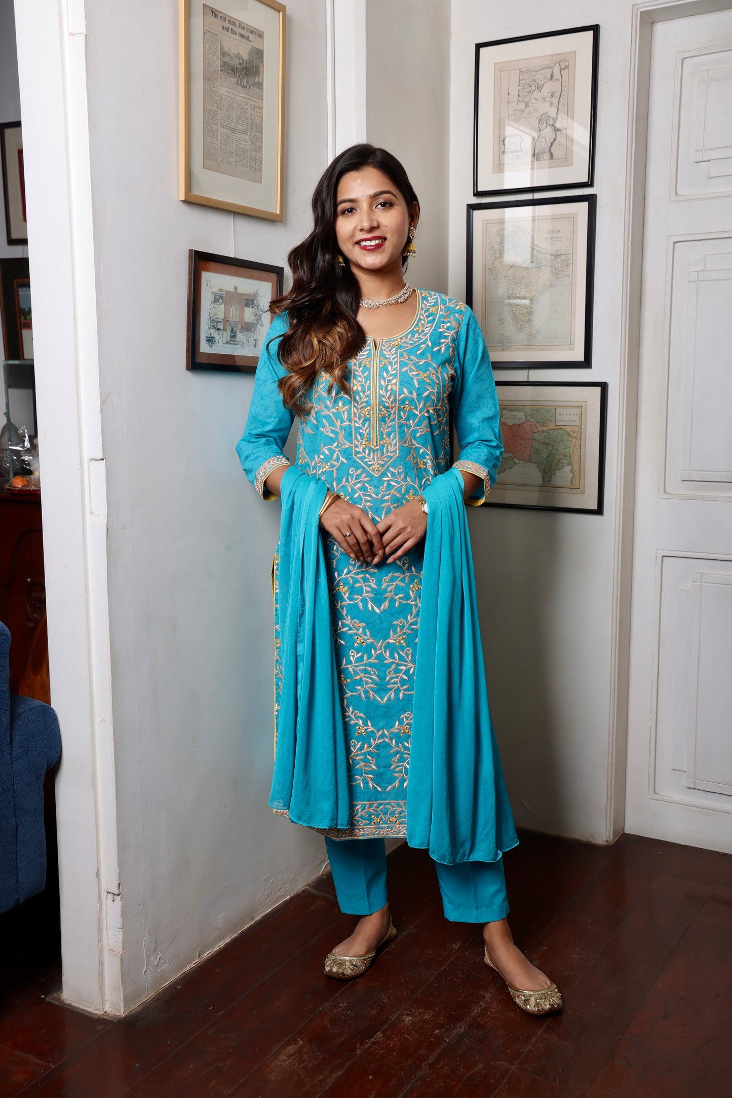 Turquoise Blue Embroidered Ethnic Suit