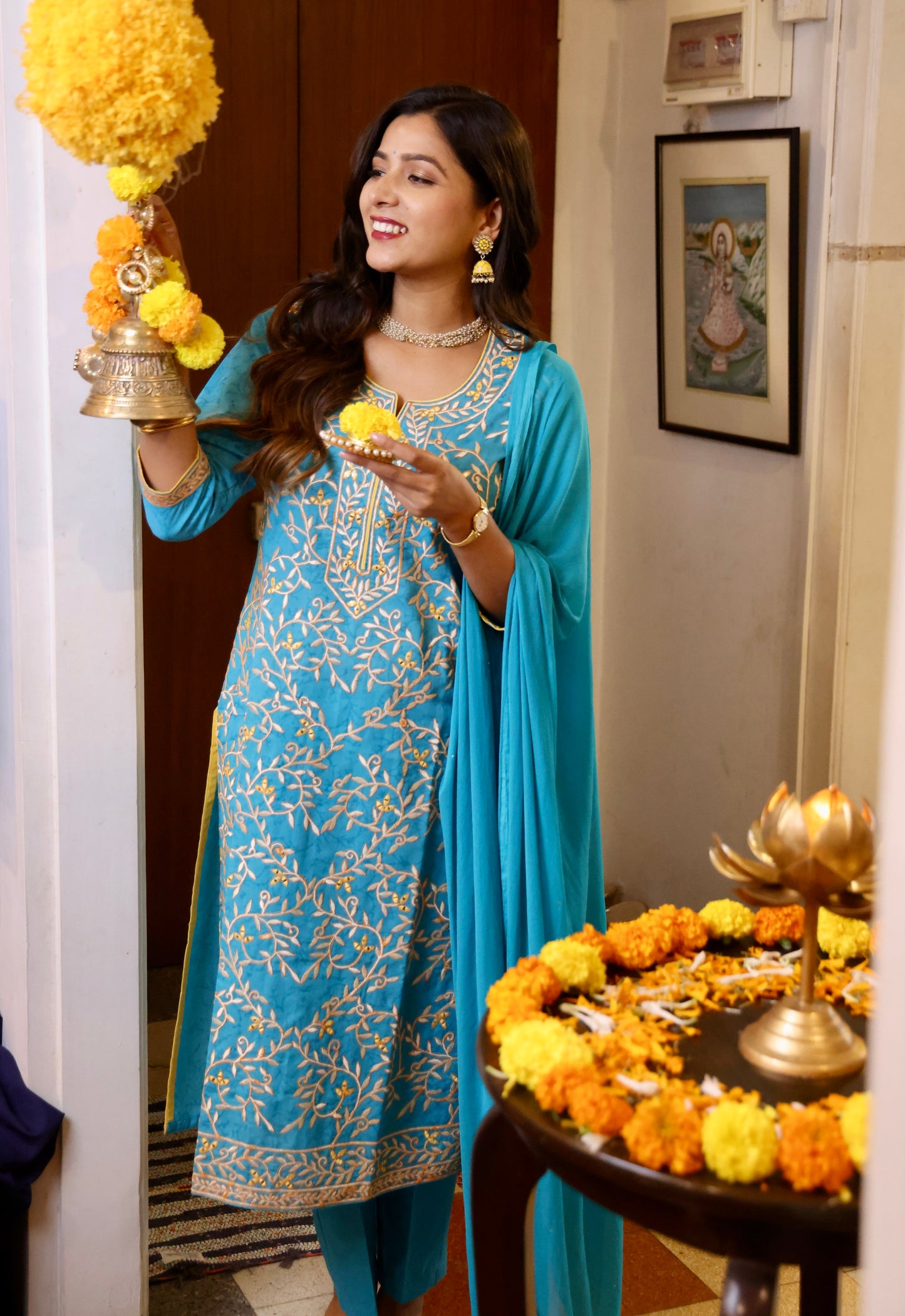 Turquoise Blue Embroidered Ethnic Suit