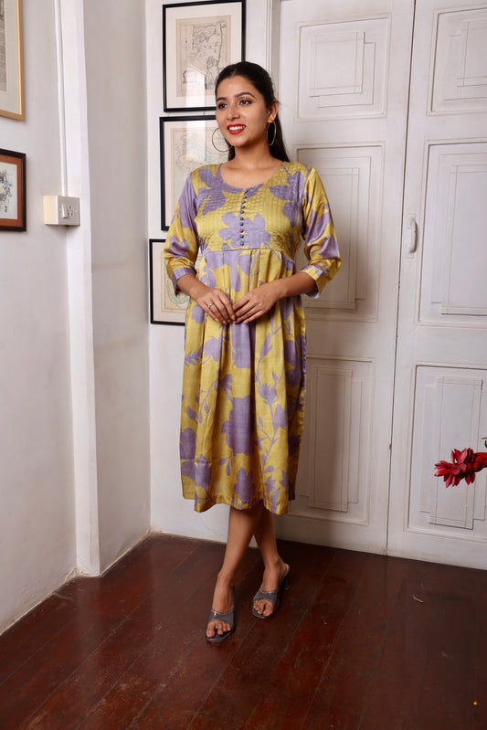 Yellow Green Floral Muslin Dress