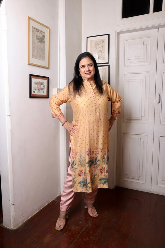 Yellow Muslin Floral Long Kurta