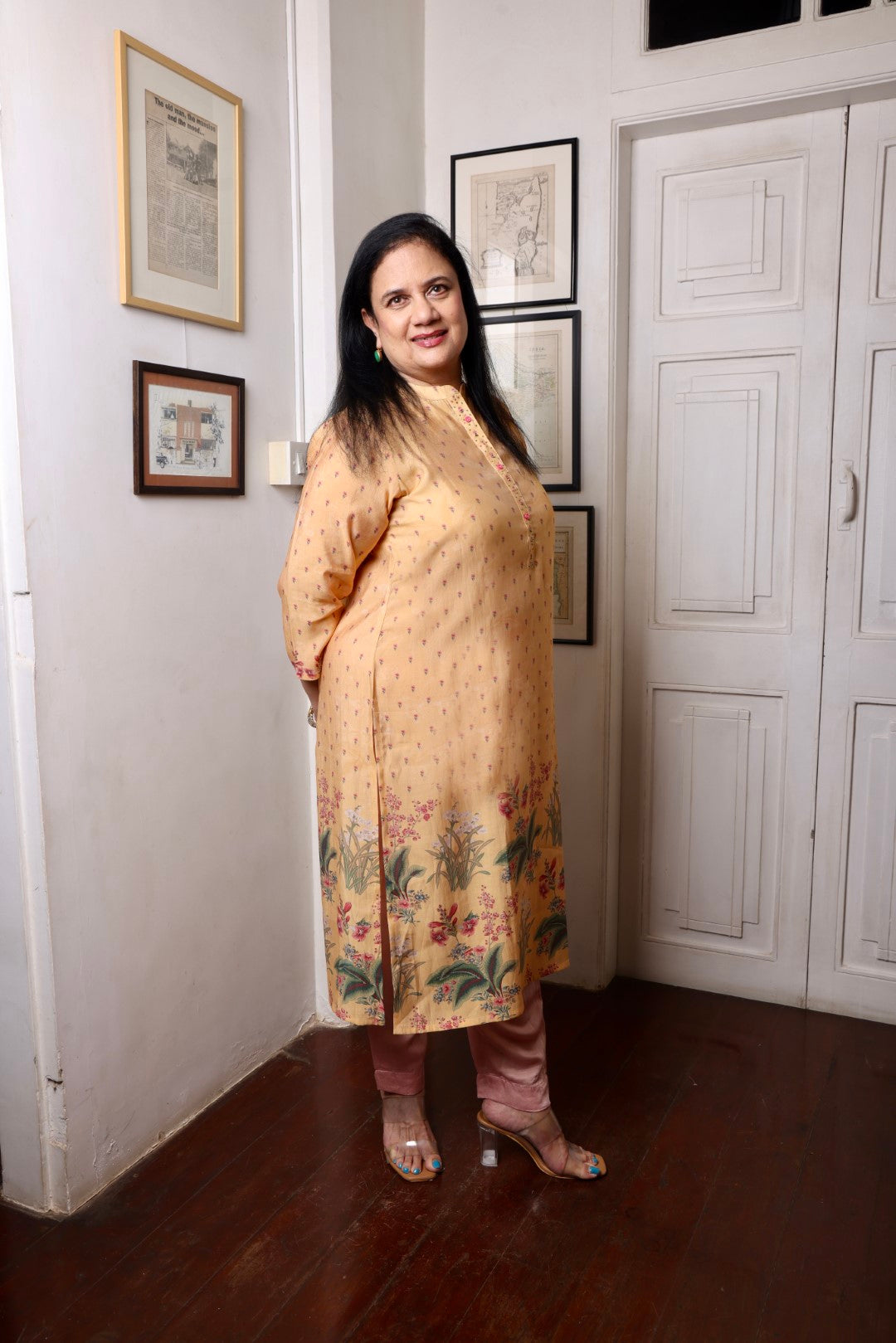 Yellow Muslin Floral Long Kurta