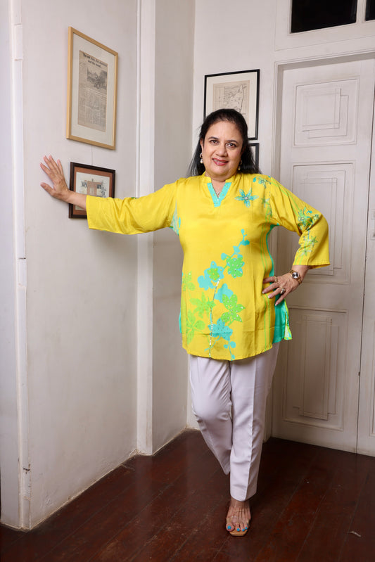 Yellow Pearl Tikki Muslin Short Kurti