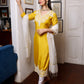 Yellow White Heavy Yoke Long Kurta