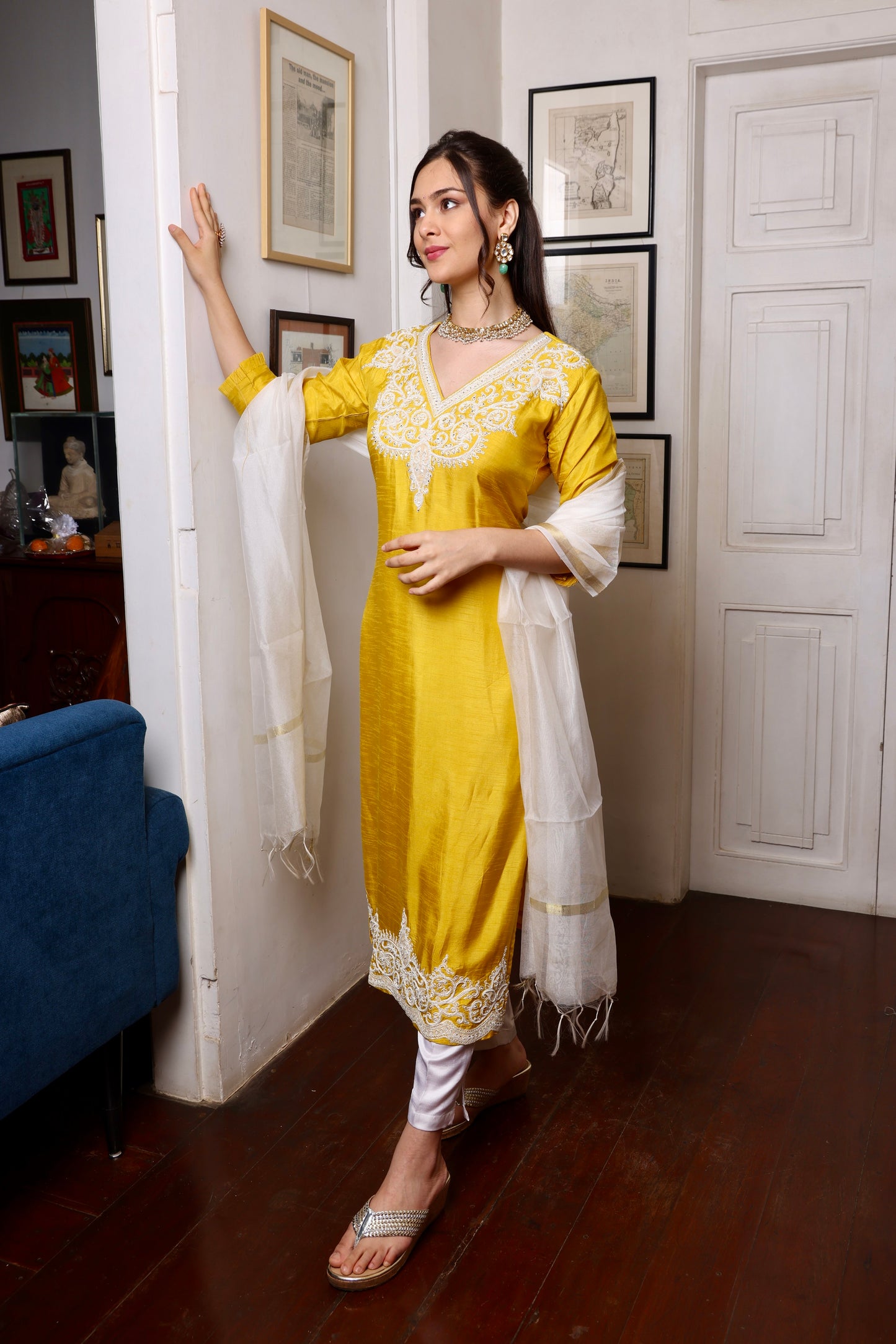 Yellow White Heavy Yoke Long Kurta