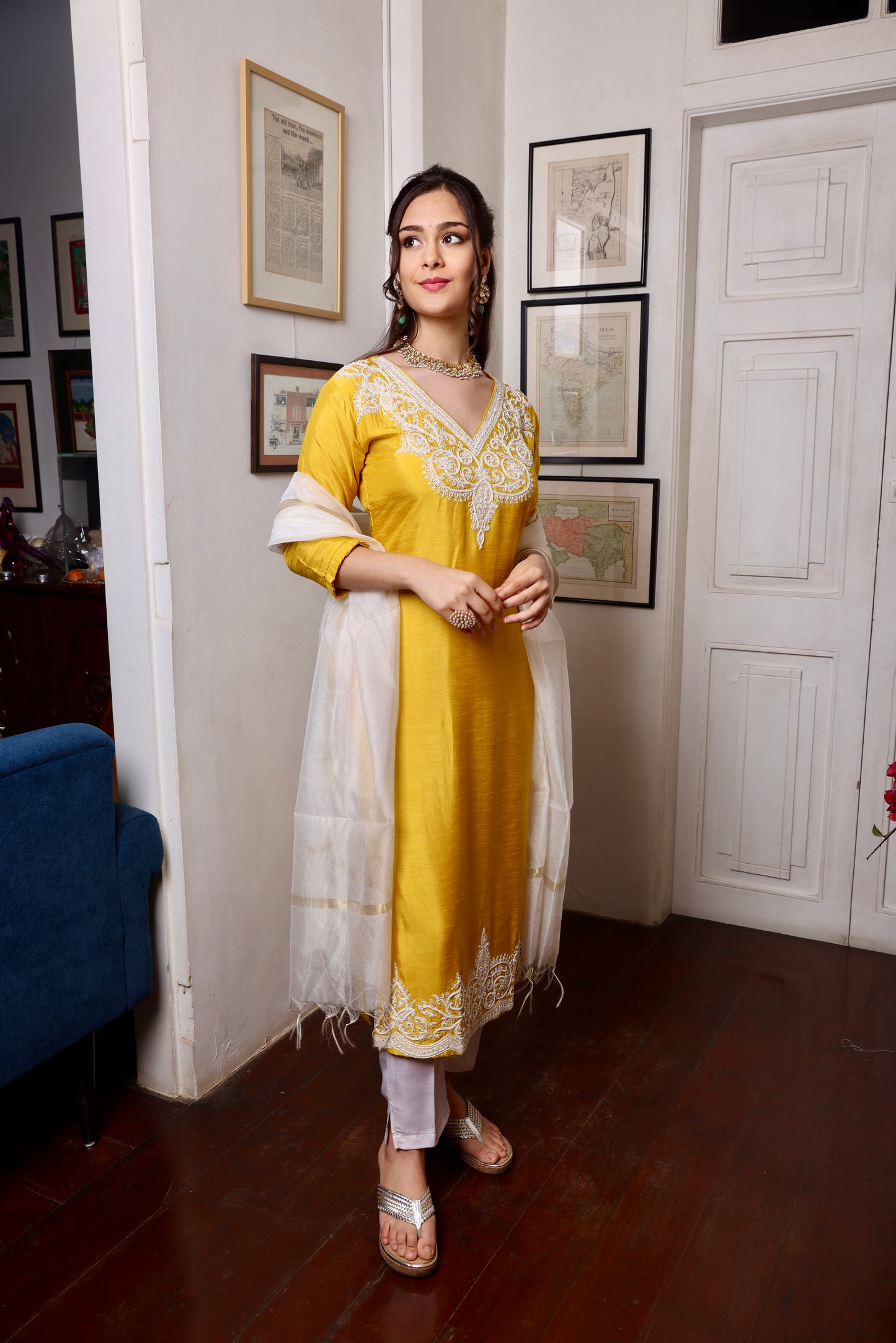 Yellow White Heavy Yoke Long Kurta