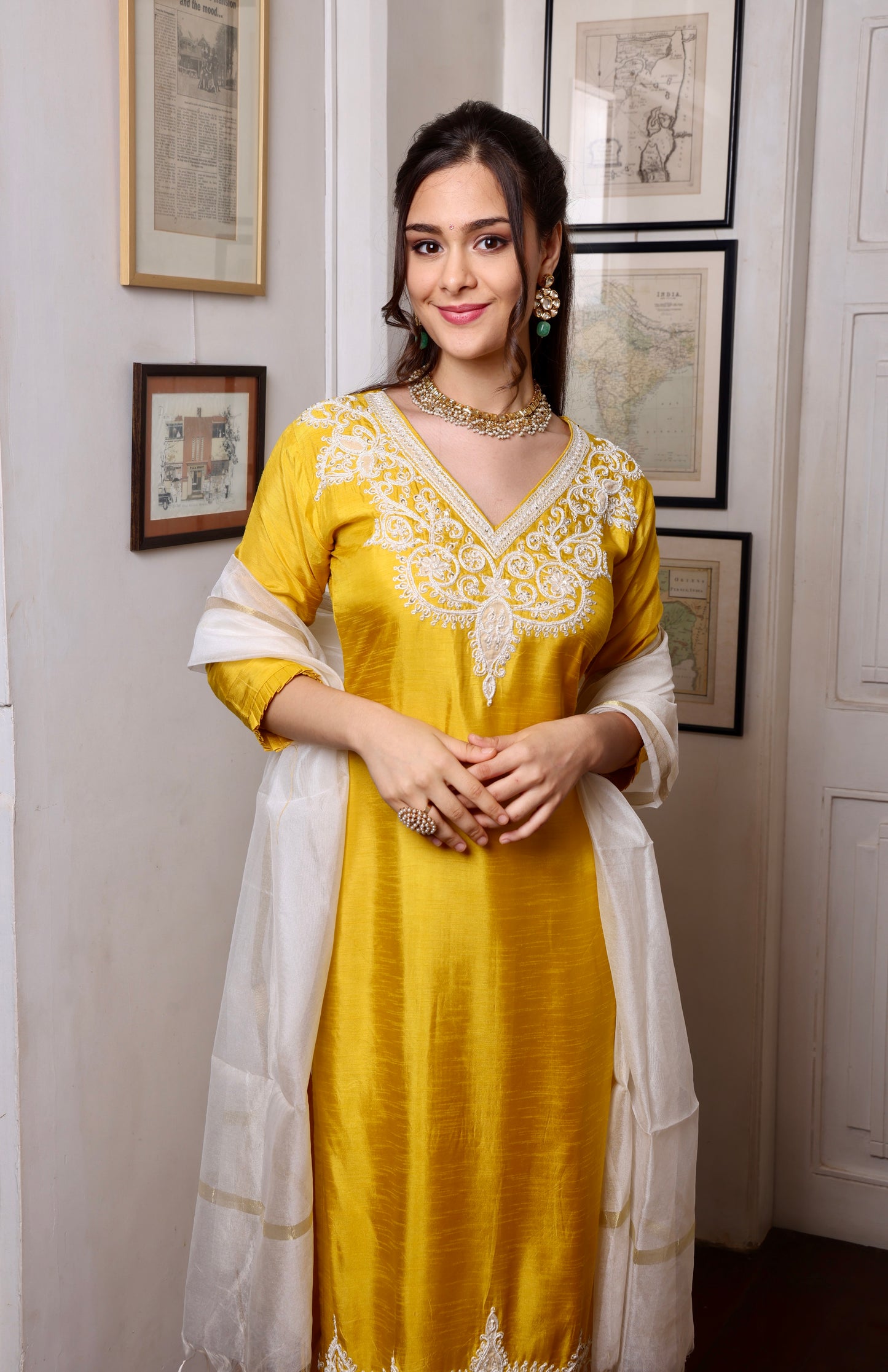 Yellow White Heavy Yoke Long Kurta