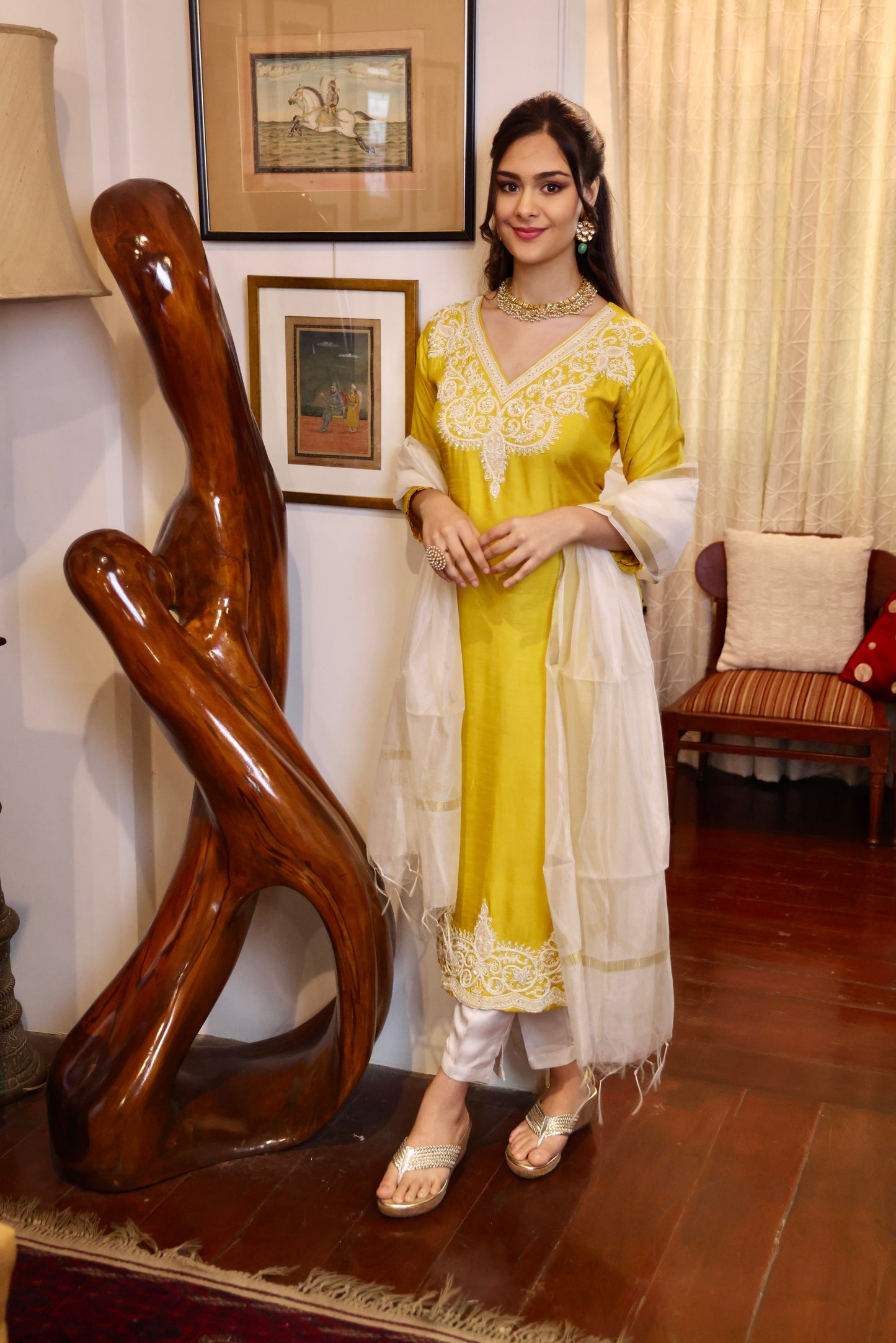 Yellow White Heavy Yoke Long Kurta