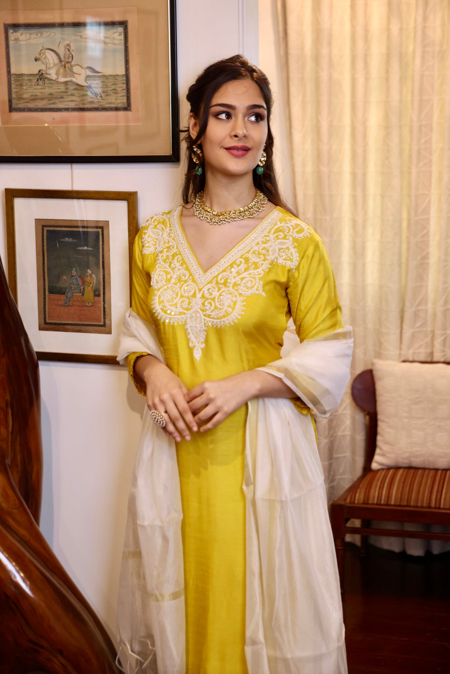 Yellow White Heavy Yoke Long Kurta