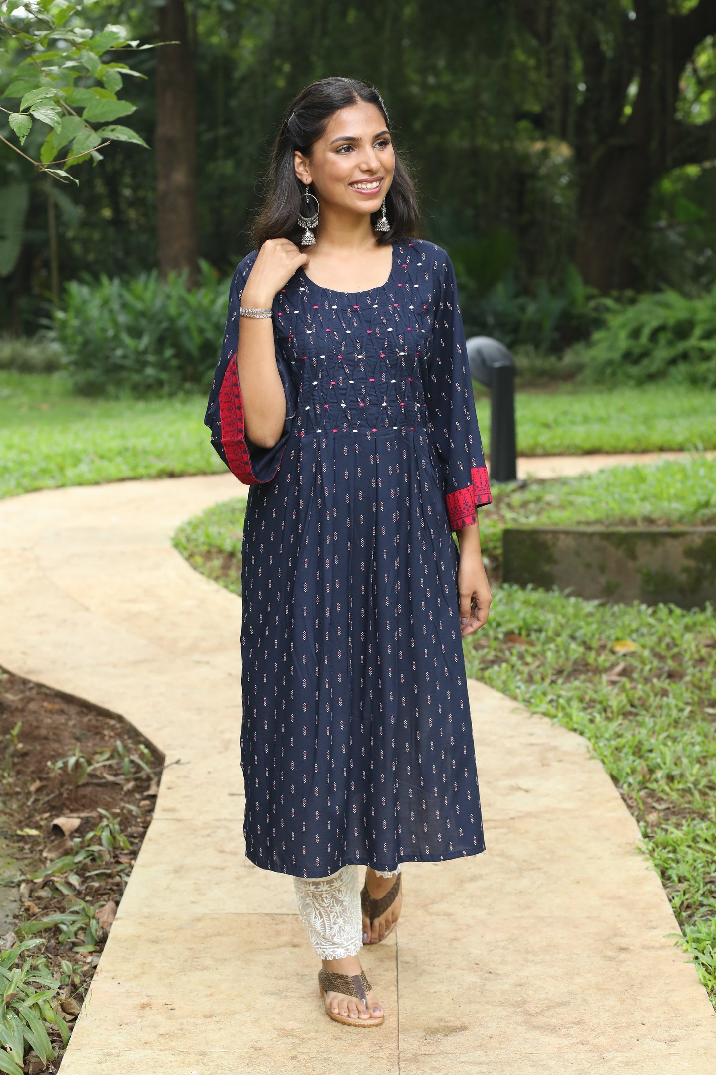 Navy Blue Bell Sleeve Long Kurta