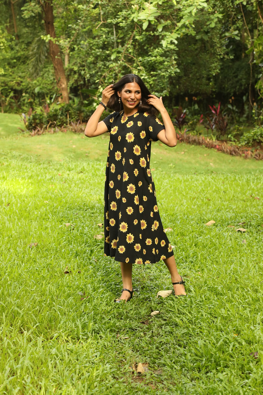 Black Yellow Sunflower Print Dress