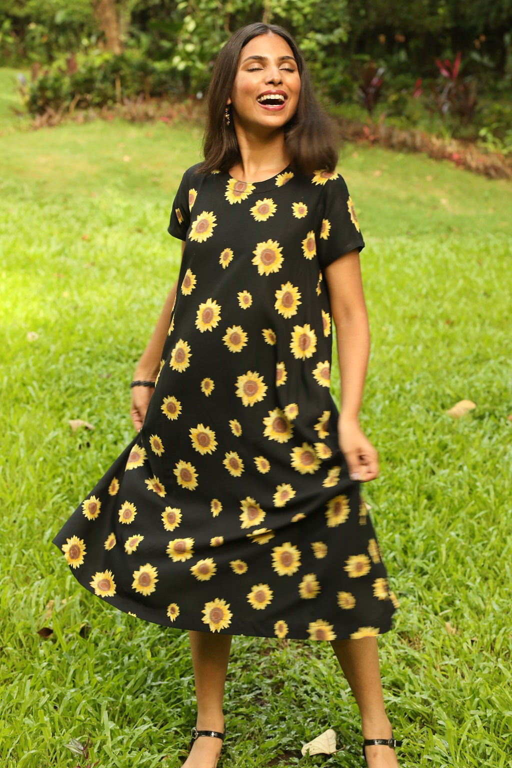 Black Yellow Sunflower Print Dress