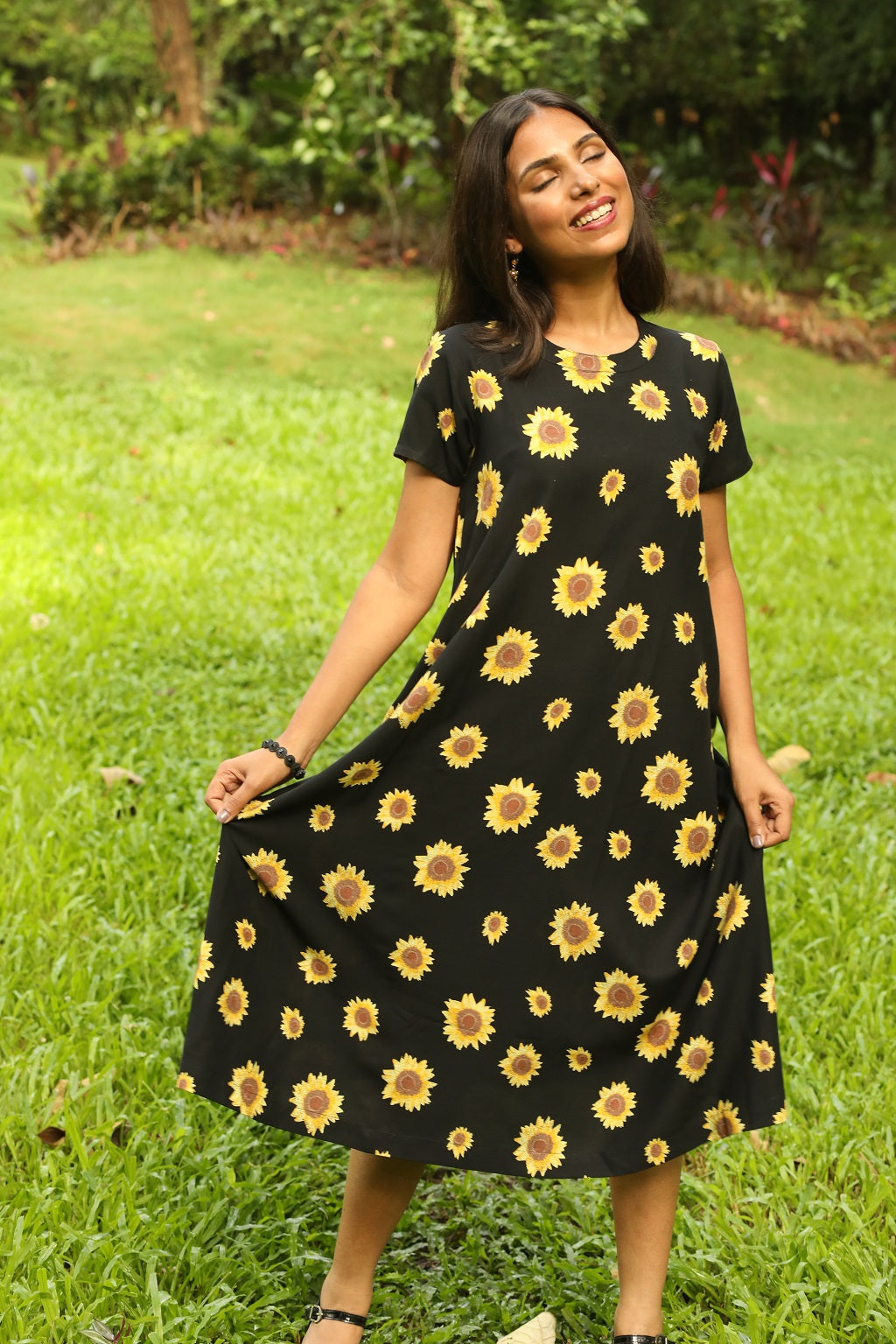 Black Yellow Sunflower Print Dress