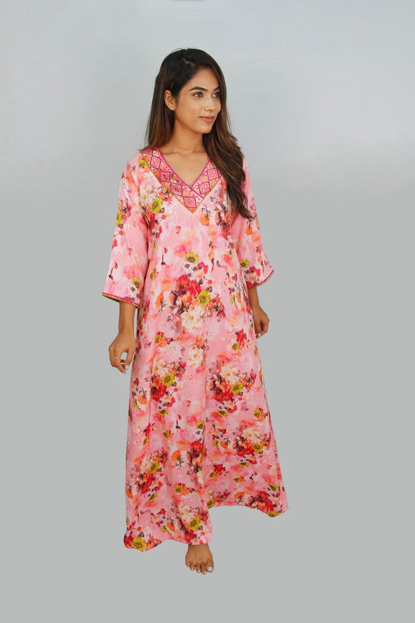 Floral Pattern Rayon Emboridered Kaftan