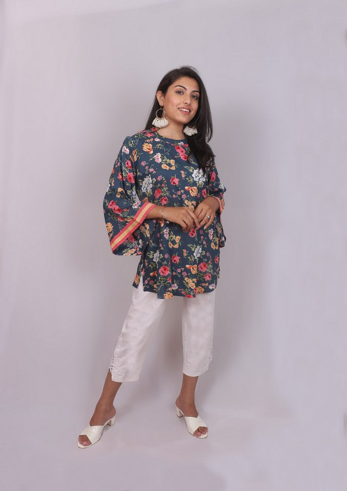 Floral Printed Bell Sleeved Short Kurti