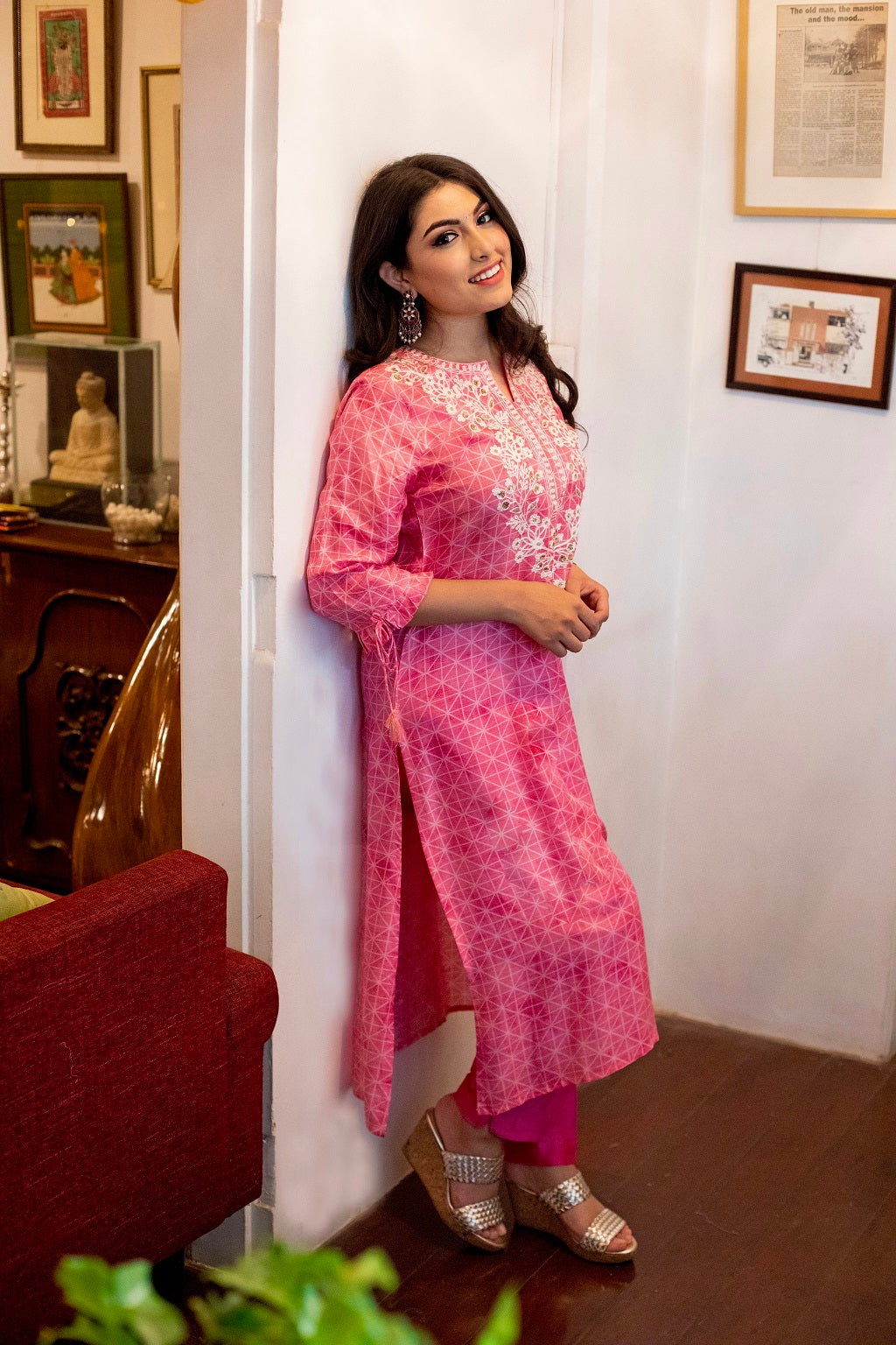 Pink Embroidered Yoke Kurta