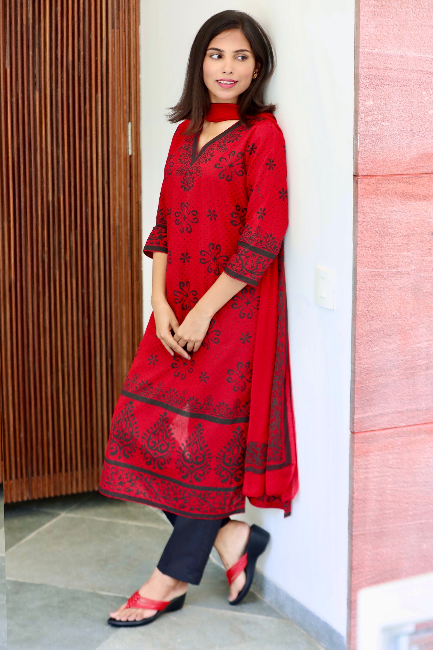 Red Dot Print Ethnic Suit