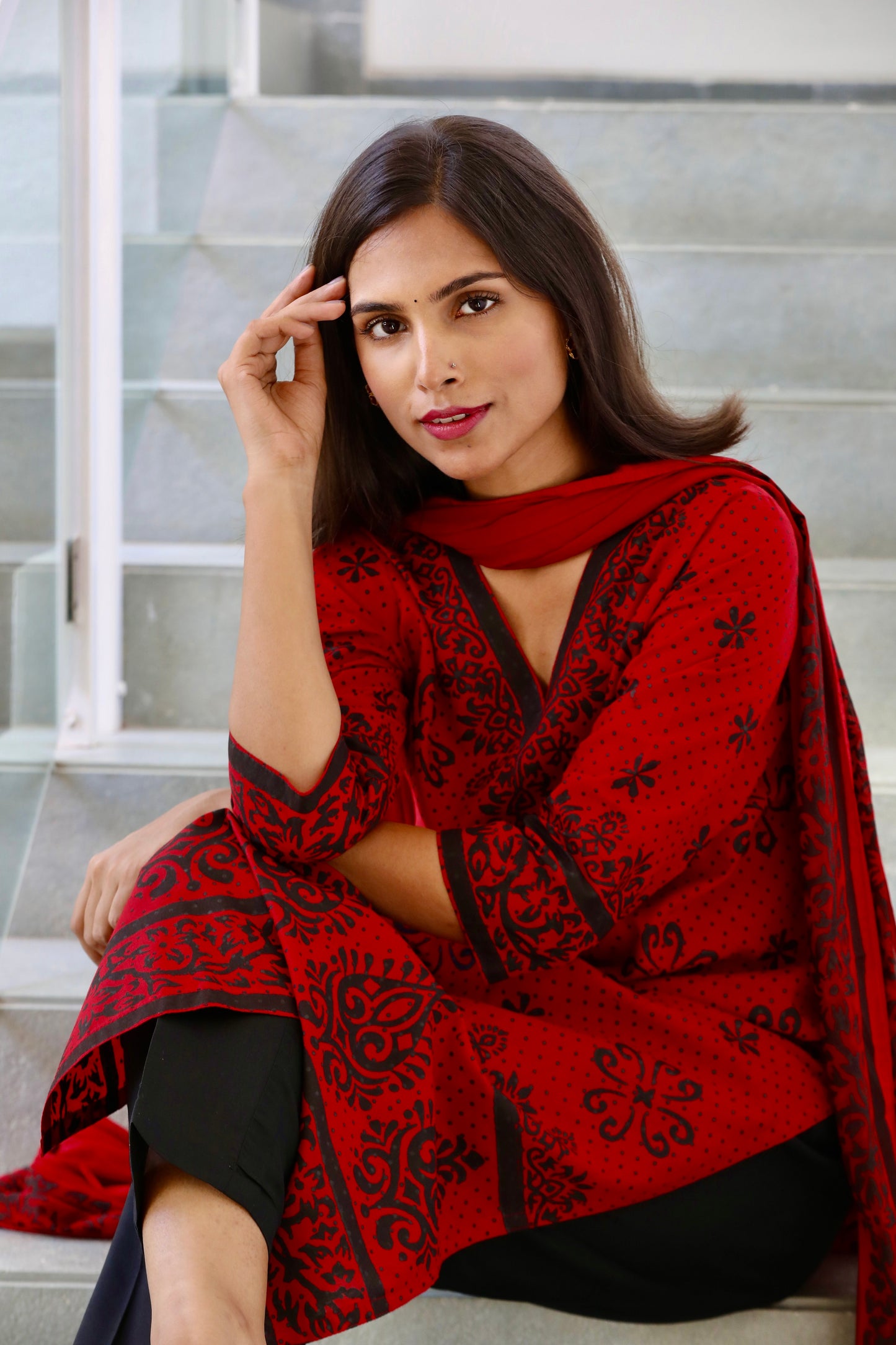 Red Dot Print Ethnic Suit