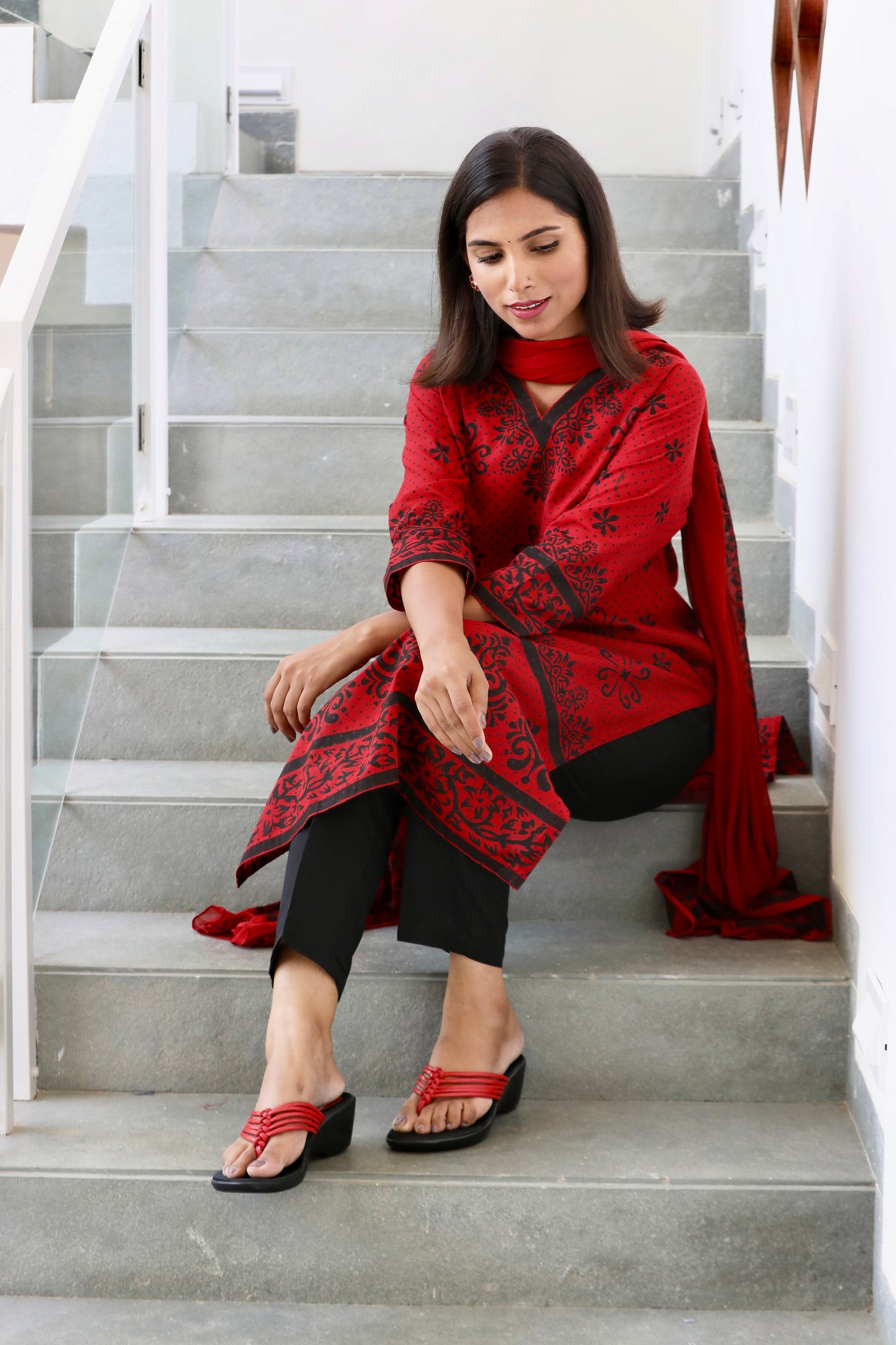 Red Dot Print Ethnic Suit