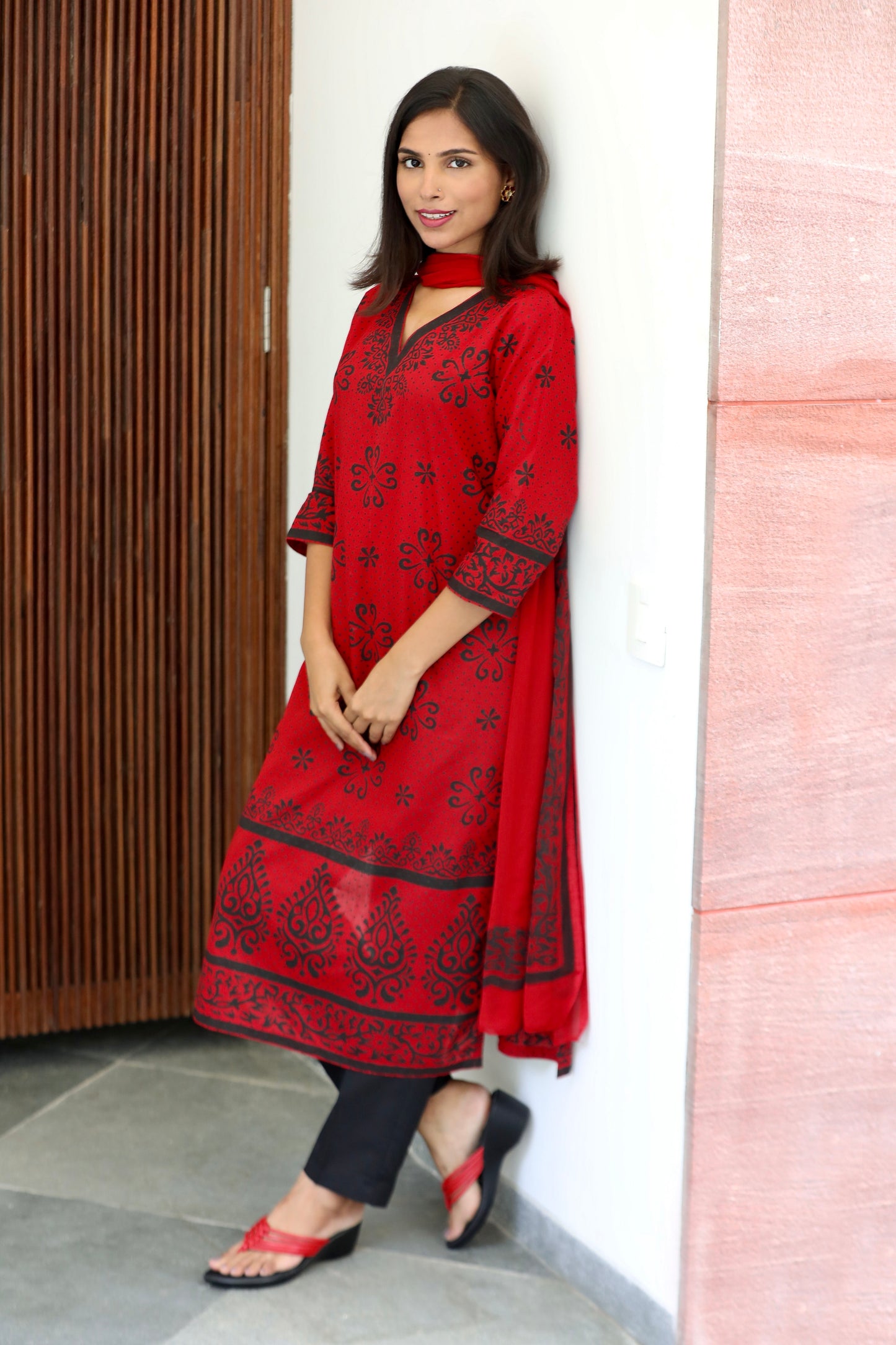 Red Dot Print Ethnic Suit